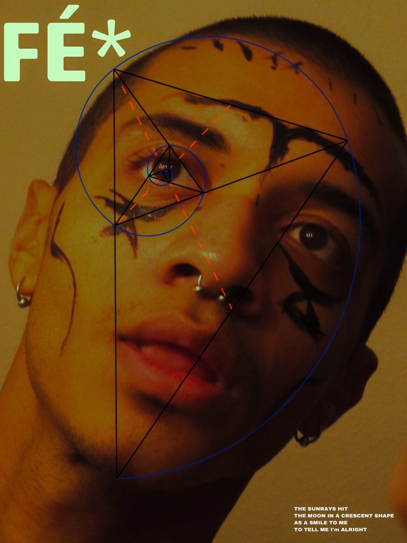 digitally edited photograph of Brandon Santana as the cover of a fake magazine, overlaid with the golden spiral in yellow and green tones