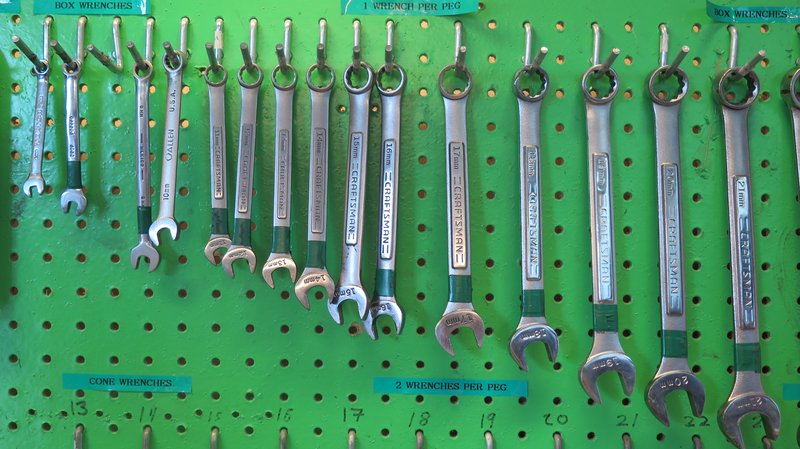 A set wrenches hanging on a wall